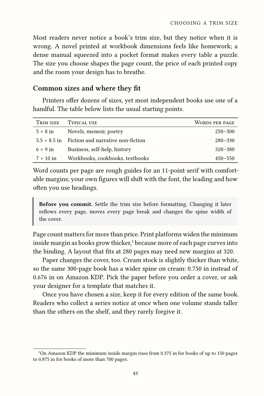 Sample non-fiction book page with a section heading, a four-row table of trim sizes, a shaded callout box and a footnote at the foot of the page.